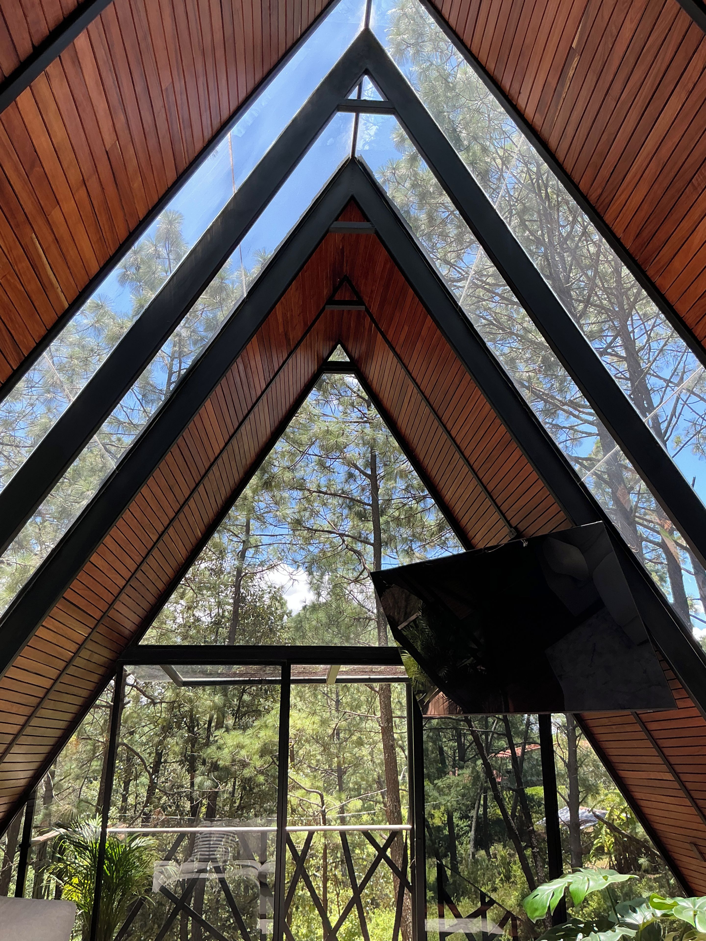 Une structure triangulaire en bois formant un plafond, avec une fenêtre en verre à la base, qui offre une vue sur une zone boisée.