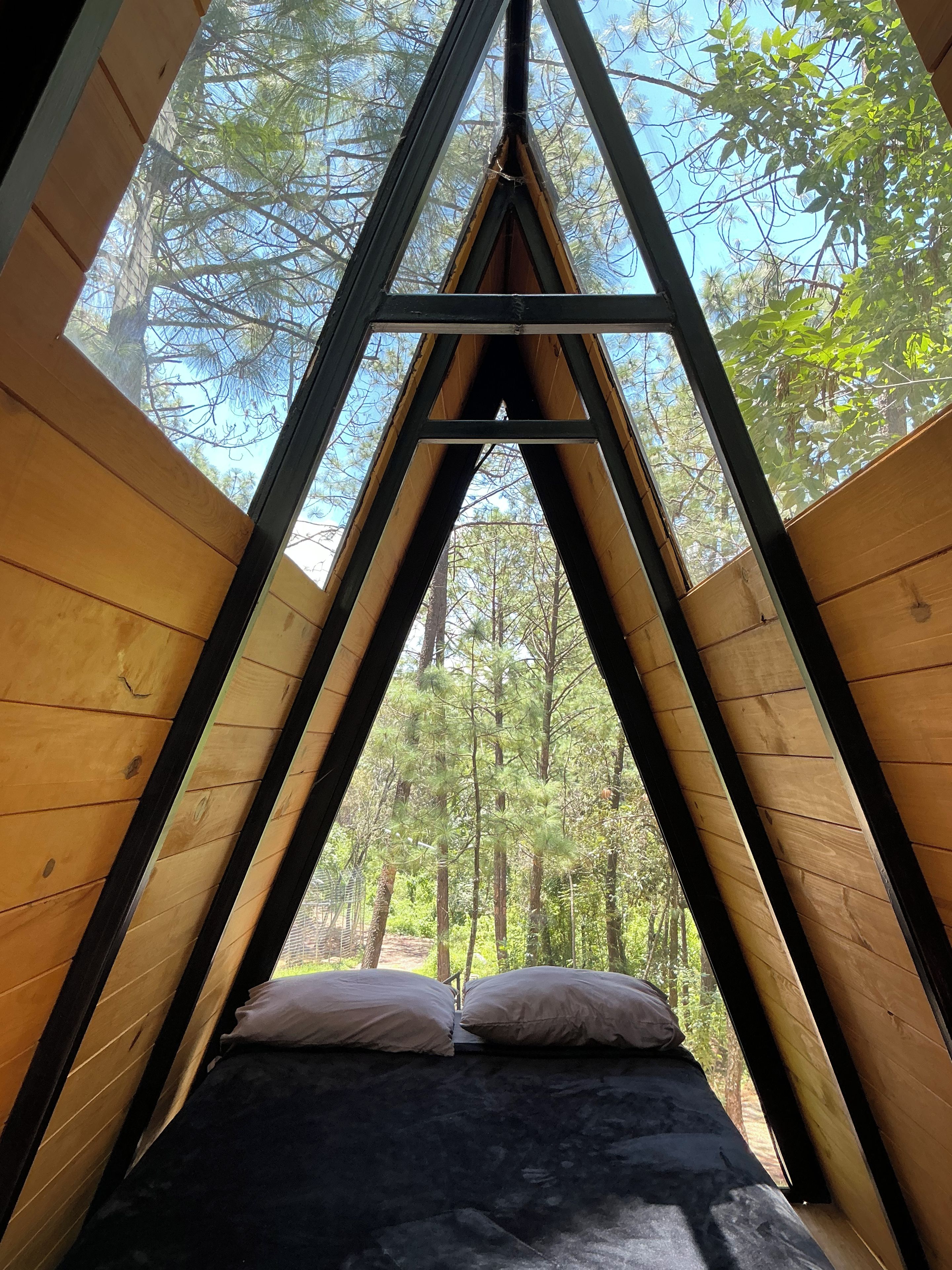 A triangular wooden room with a bed and a view of a forest.
