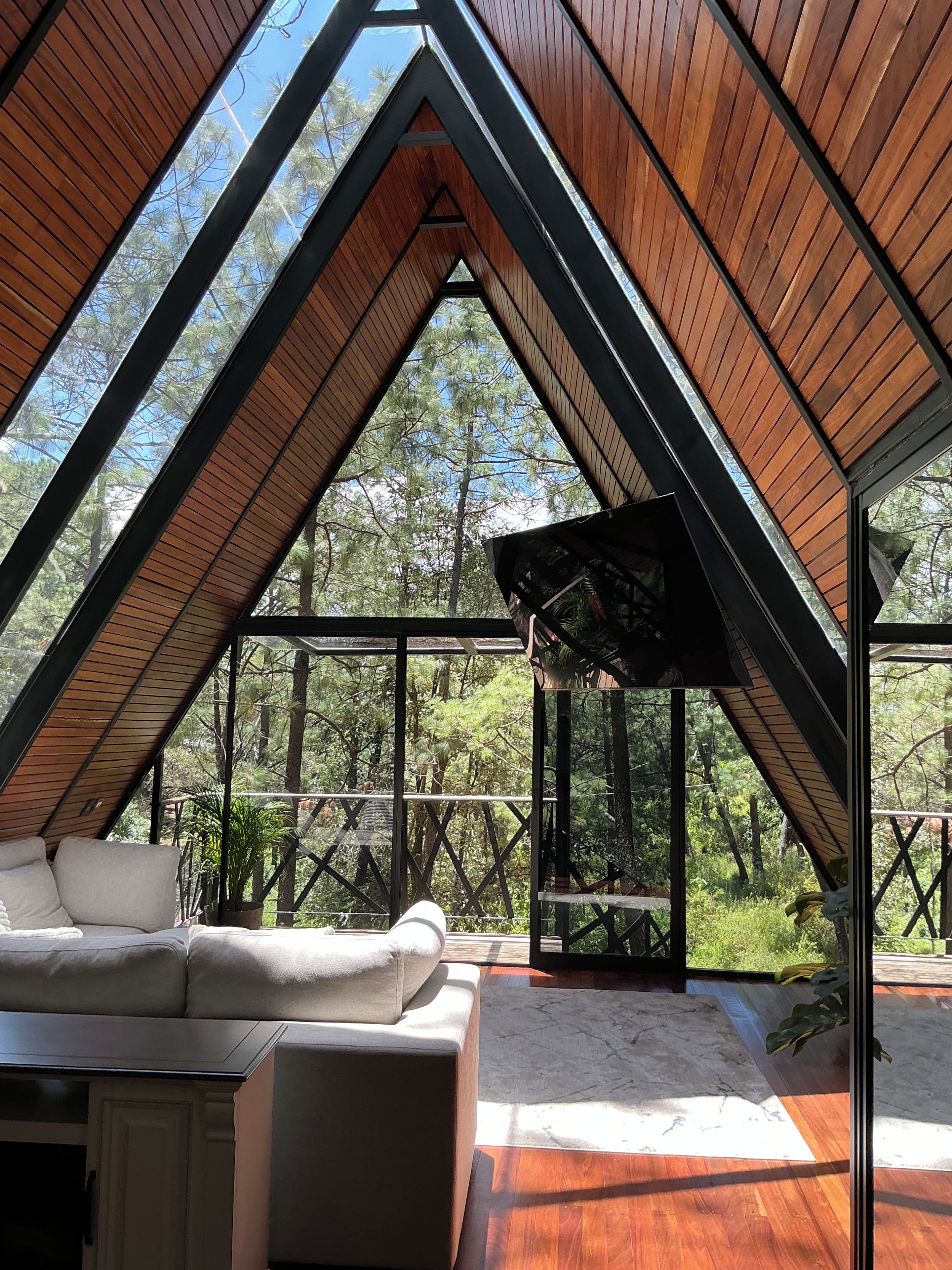 A high-ceilinged room with a wooden sloped roof, a sofa, and a view of a forest.