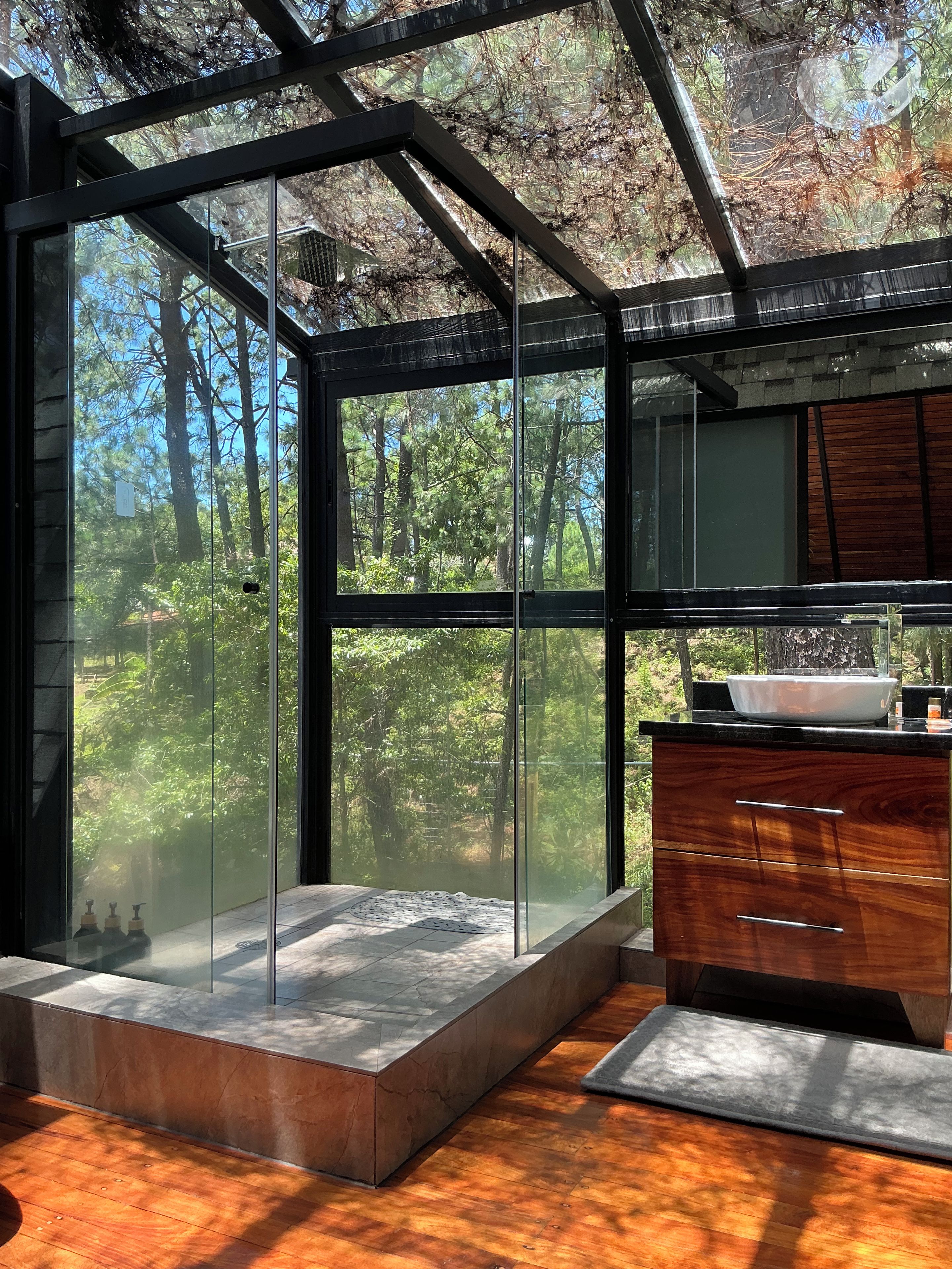A modern bathroom with a glass enclosure, a wooden vanity, and a view of a forested area.