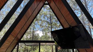 Estrutura de teto de madeira triangular com janela de vidro, um sofá e uma planta em vaso.