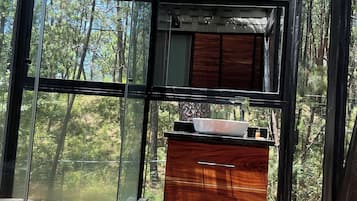 A modern interior with a wooden cabinet and a glass wall offering a forest view.