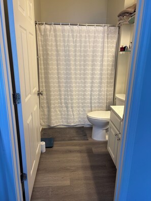A bathroom with a shower curtain, toilet, and cabinets. - 2-bedroom condo on first floor in peaceful Seminole, FL-5 min from Maderia Beach (Seminole)