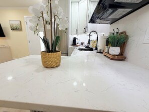 Eine Küche mit Marmorarbeitsplatte, einem Topfhanf und einer Spritzschutzwand mit geometrischem Muster.