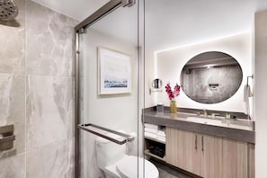 Un bagno moderno con box doccia in vetro, un water, un lavabo con mobile e uno specchio grande.