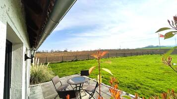 Eine Terrasse mit Tisch und Stühlen, Blick auf ein grünes Feld und ein Gebäude mit weißer Fassade.