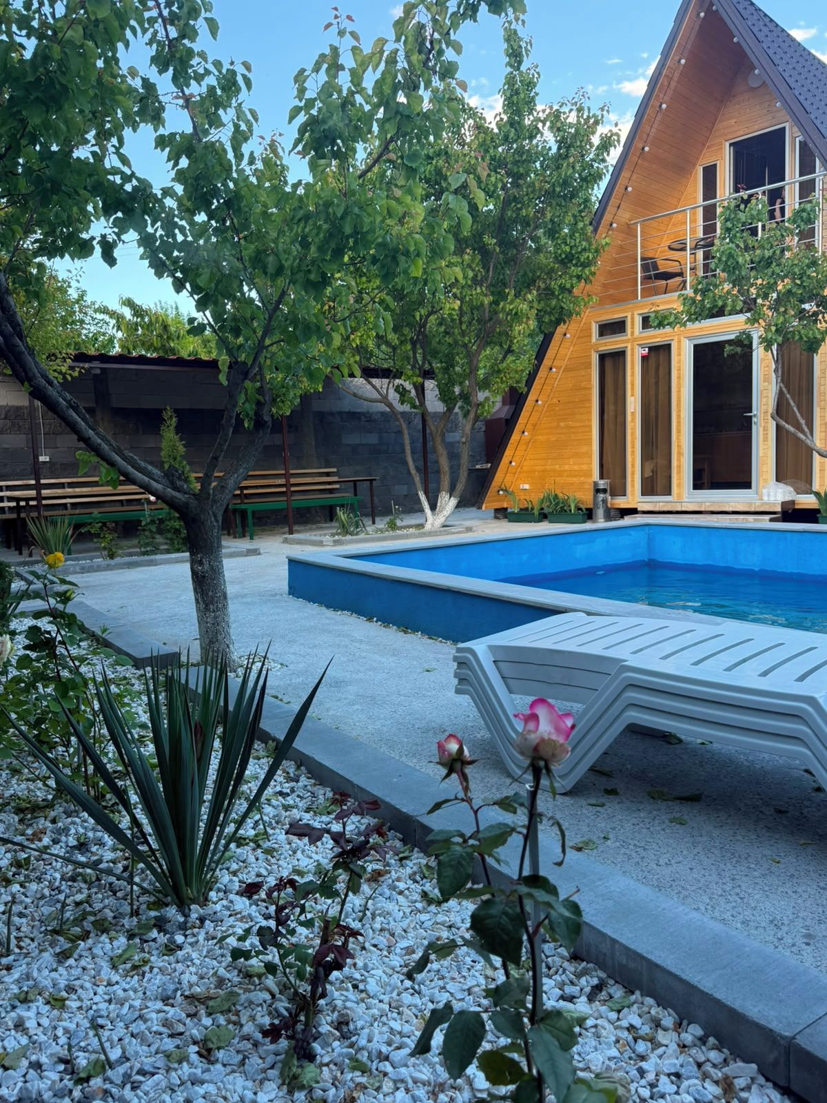 A modern house with a swimming pool, a wooden deck, and a garden with a bench and a tree.