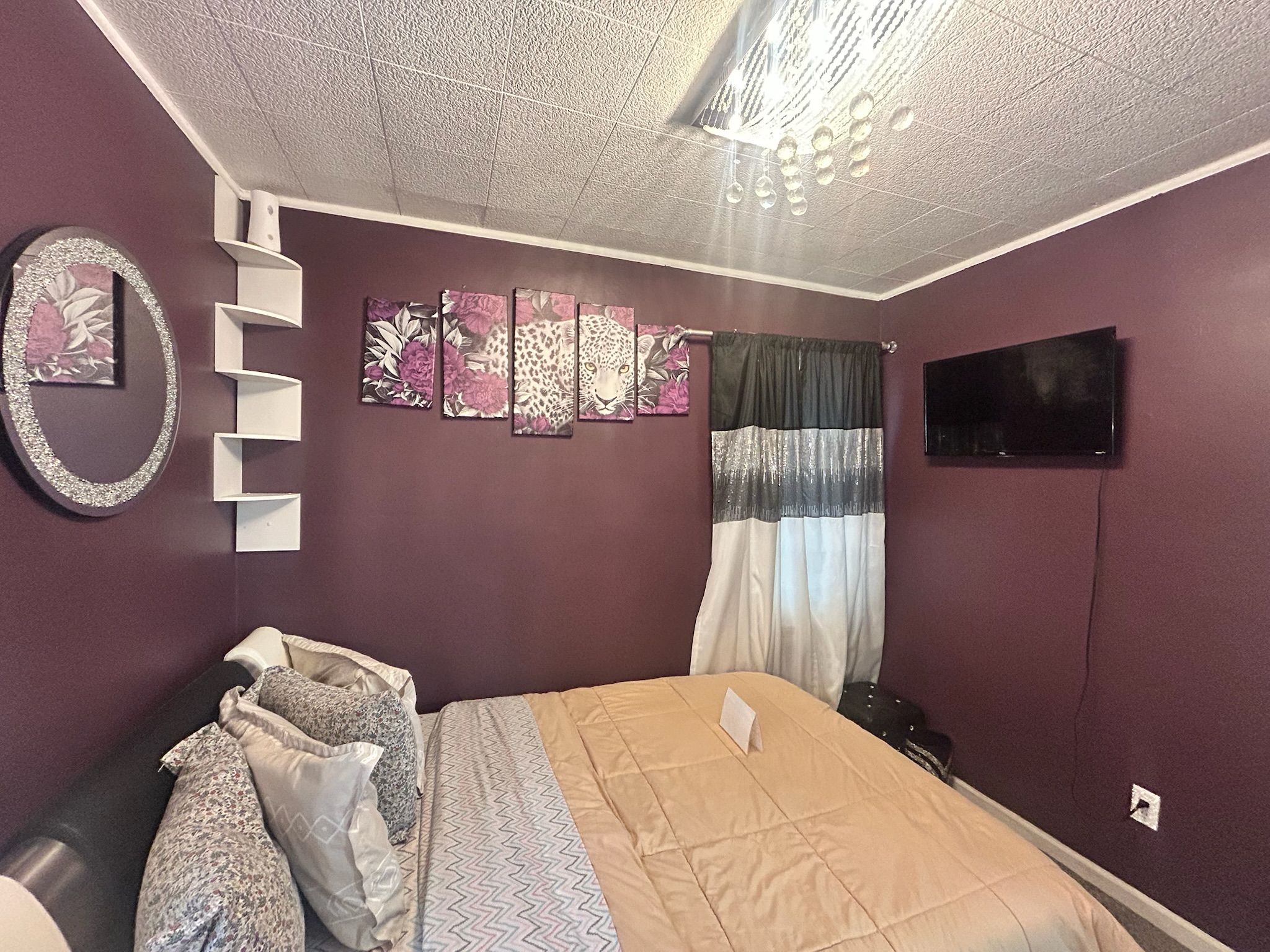 Una camera da letto con un letto, una TV, uno specchio e decorazioni alle pareti.
