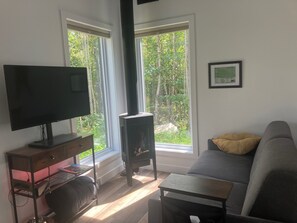 Uma sala de estar com televisão, lareira, sofá e janela com vista para árvores.