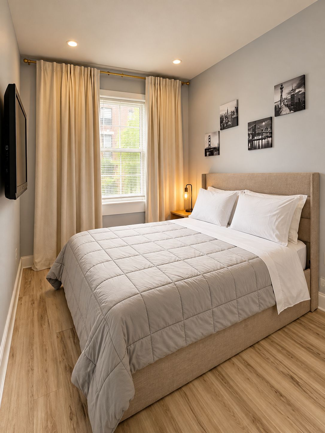 A bedroom with a bed, a window with curtains, a bedside lamp, and wall art.