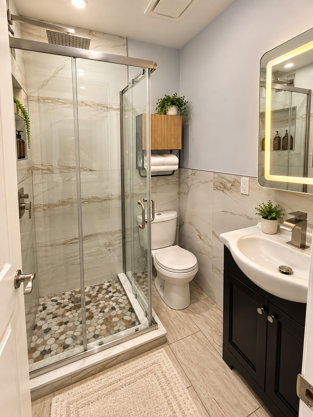 A modern bathroom with a glass-enclosed shower, a toilet, a sink with a mirror, and a small plant on the countertop.