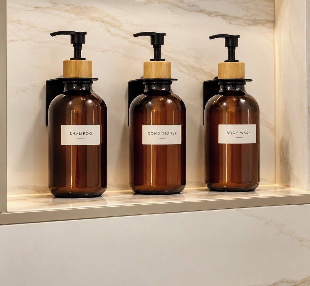Three bottles of liquid soap on a shelf.