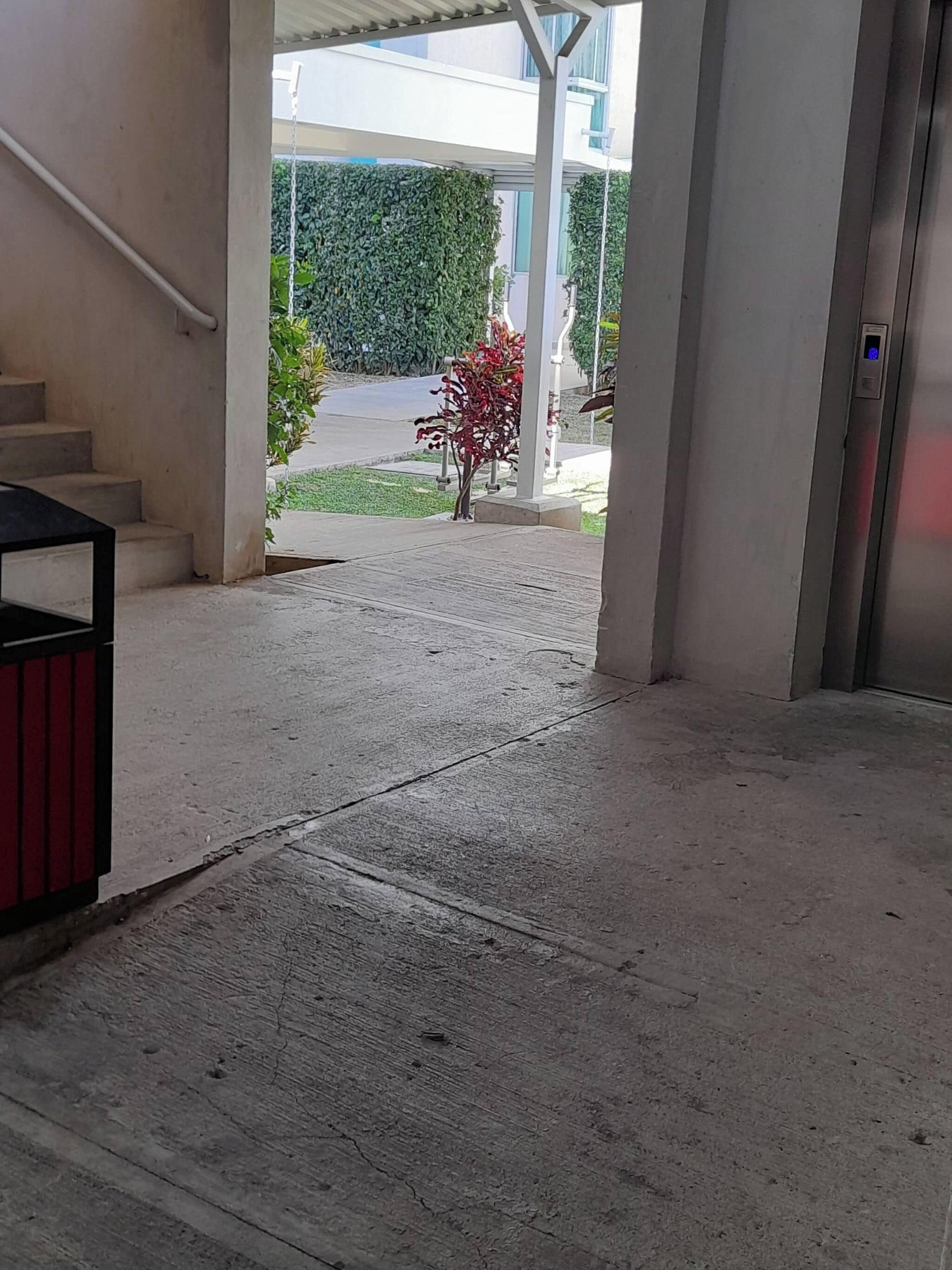 Eine Betonstufen Treppe führt zu einem Außenbereich mit einem Metallgeländer und einer roten Pflanze.