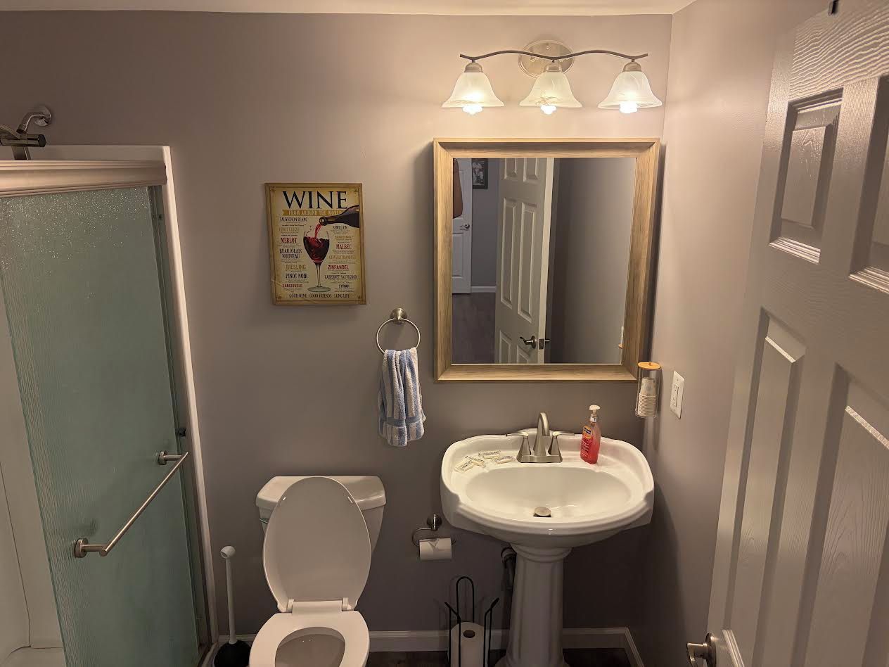 Un baño con inodoro, lavabo y ducha.