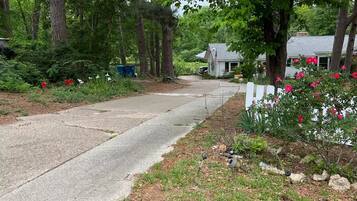 A residential street with a sidewalk, a house with a flag, and a garden with flowers.