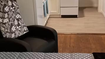 Een ruimtelijke zithoek met een kitchenette, een bank en een vloerkleed met een patroon.