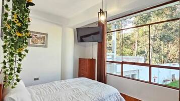 A bedroom with a bed, wooden flooring, a window with a view of trees, and a hanging plant.