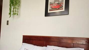 Cama com cabeceira de madeira, duas almofadas com padrão de pájaro, quadro com a Torre Eiffel e uma planta pendente.