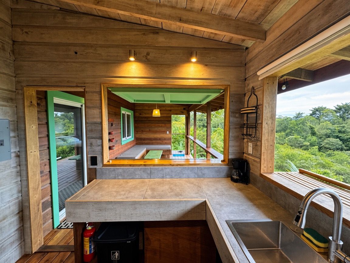 Interior de cabana de madeira com cozinha, janela com vista para vegetação e porta que dá para o exterior.