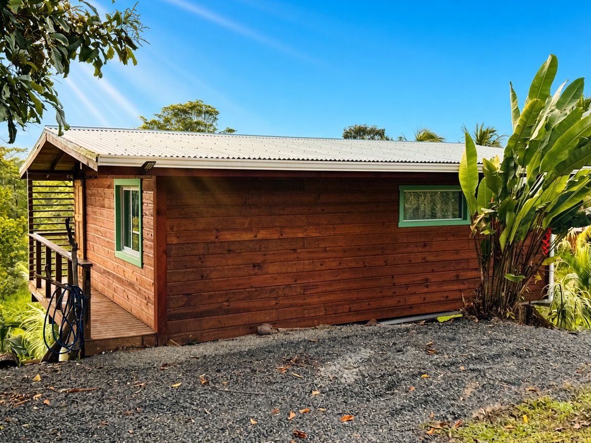 Uma cabana de madeira com telhado de metal, uma porta verde e uma pequena janela.