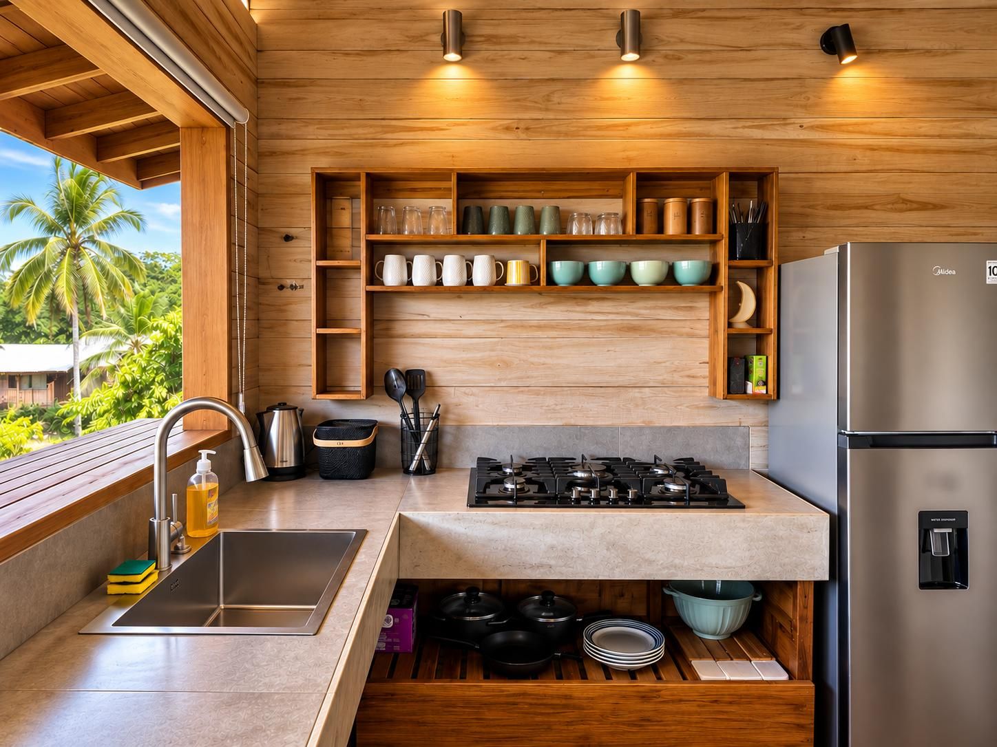 A modern kitchen with wooden cabinetry, a stainless steel sink, and a built-in gas stove.
