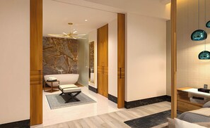 A modern bathroom with a freestanding bathtub, a wooden vanity, and a marble wall. - Grand Luxxe 3BR Presidential Villa at Vidanta Available At Christmas (Nuevo Nayarit)