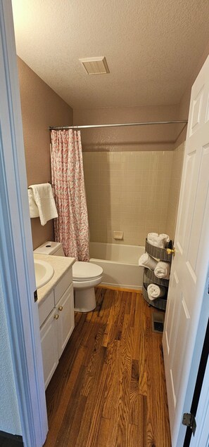 Une petite salle de bain comprenant des toilettes, un lavabo et un espace douche.