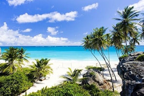 A beach with white sand, clear blue water, and palm trees. - Tropical Apartment With Private Patio, Walk to Beaches, Shops and Cafes (Speightstown)