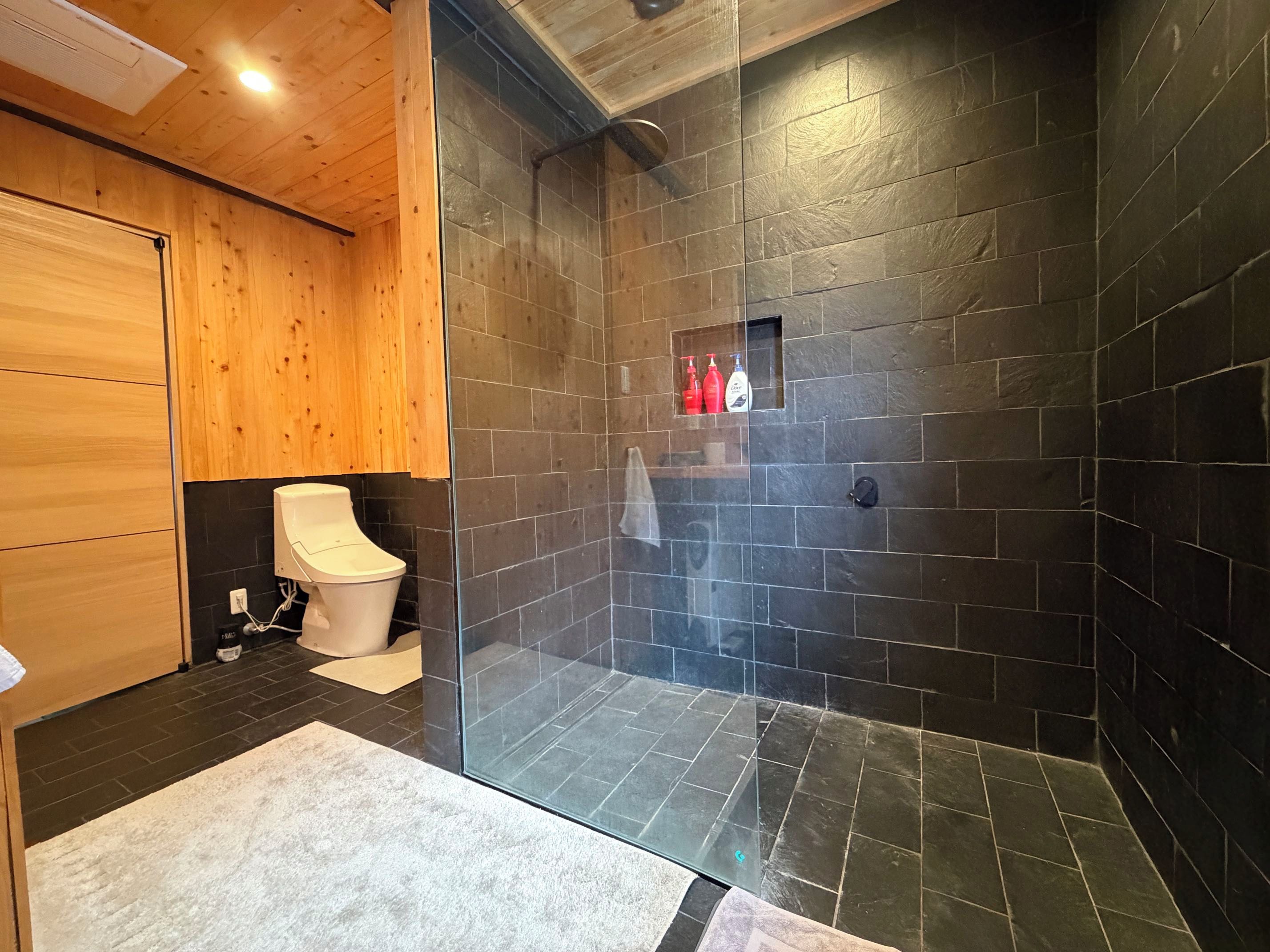A modern bathroom with a glass shower enclosure, a toilet, and a wooden vanity.