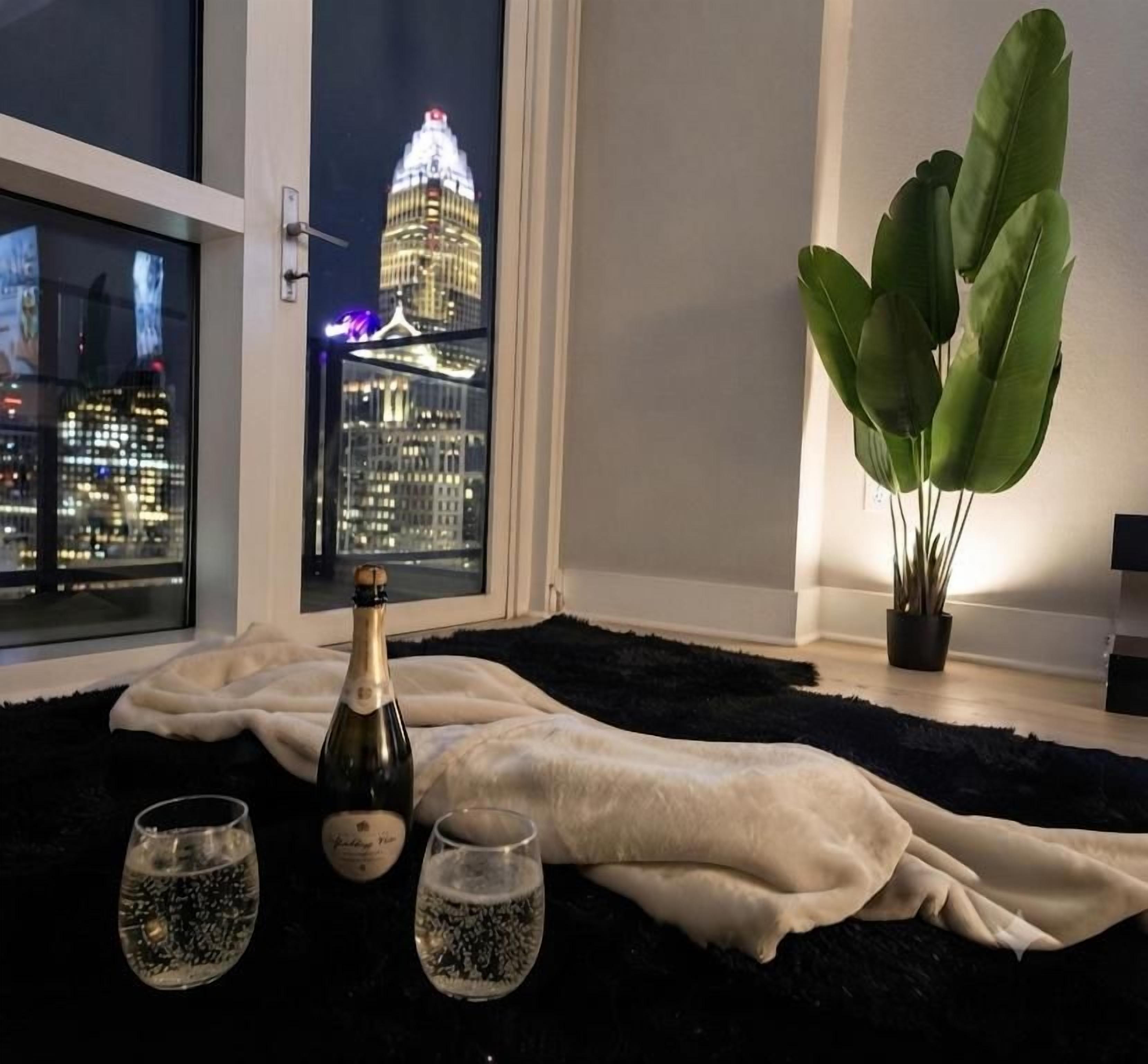 A room with a view of a city skyline, a bottle of champagne, two glasses, and a large plant.