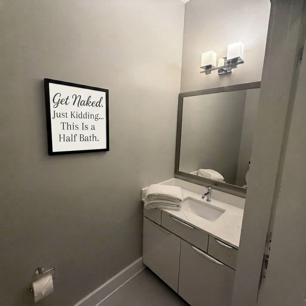 Un baño con lavamanos, espejo y un cartel enmarcado en la pared.
