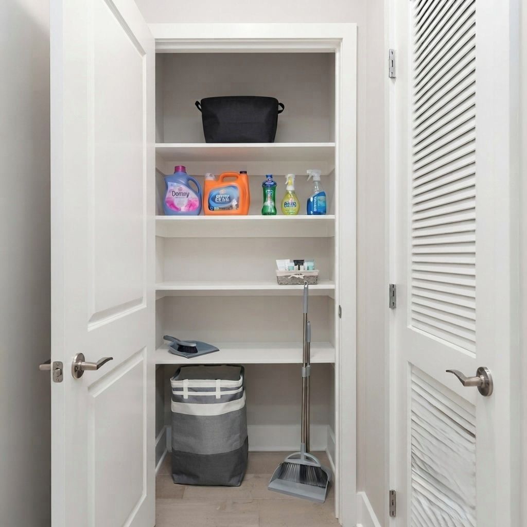A clean, organized storage closet with shelves holding cleaning supplies, a mop, and a trash bag.