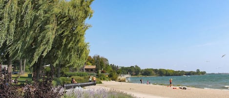 A beach with a wooden boardwalk, a large weeping willow tree, and a view of the water.