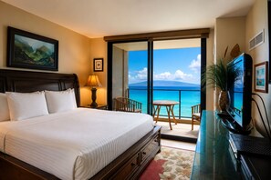 A hotel room with a bed, a desk with a computer, a chair, a small table, and a view of the sea. - Oceanfront Mahana Ka'anapali | AC, Pool, Hot Tub, Pickleball, King Bed (Lahaina)