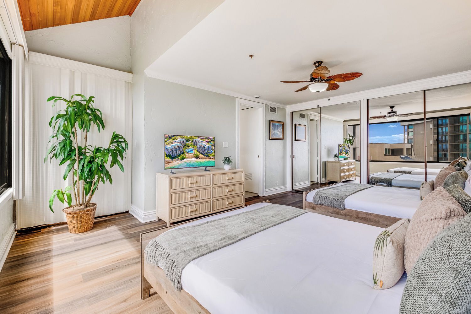 Quarto de hotel com uma cama grande, televisão, ventoinha no teto e um vaso de planta.