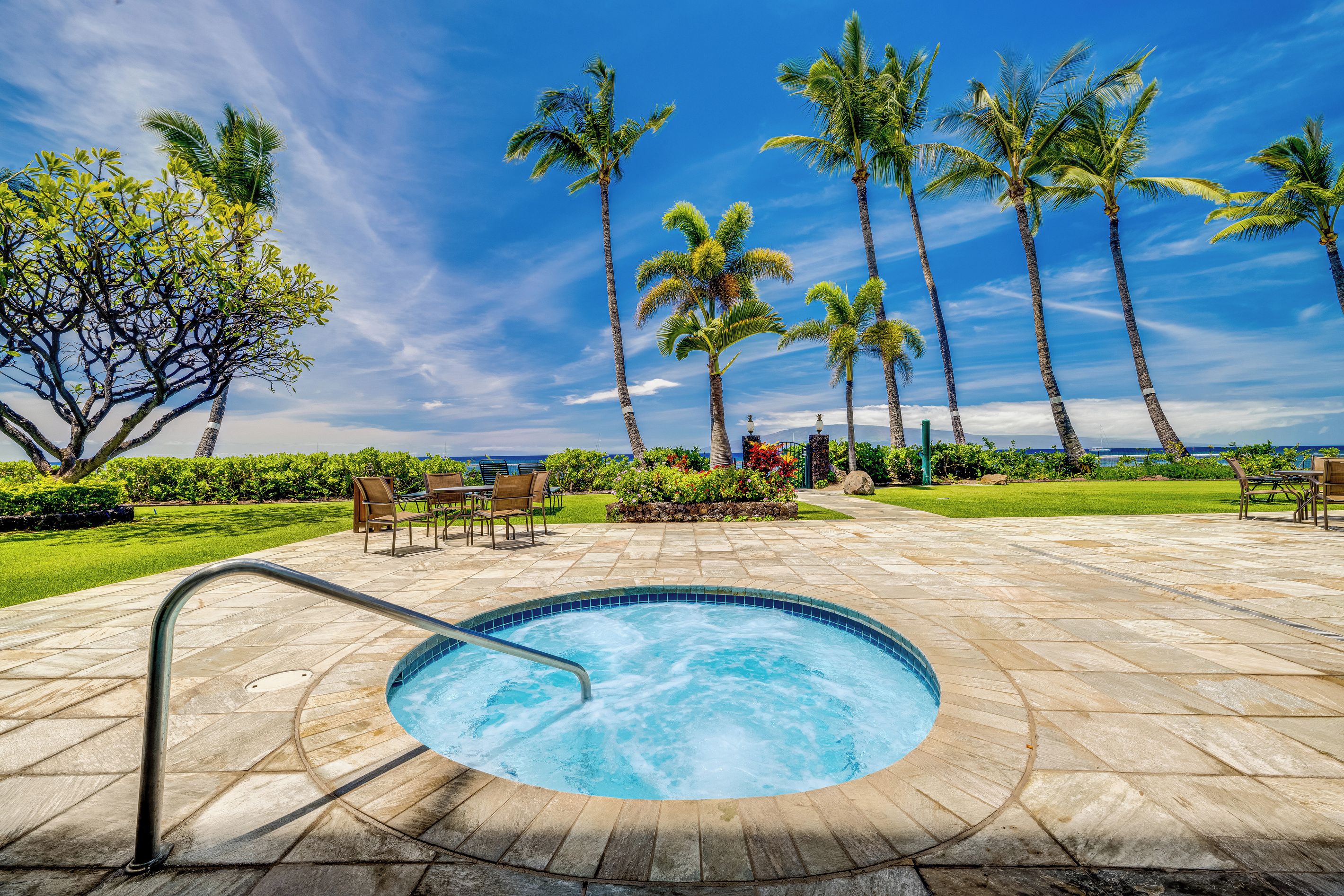 A hot tub surrounded by palm trees and a view of the ocean.