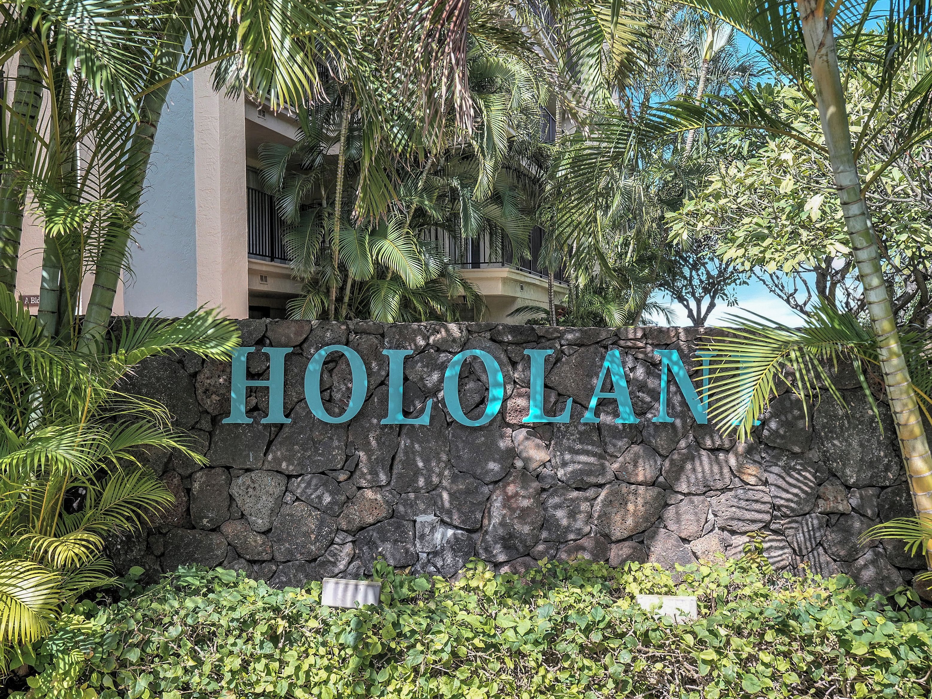 A stone wall with the word 'HOLOLAN' in large letters, surrounded by tropical foliage.