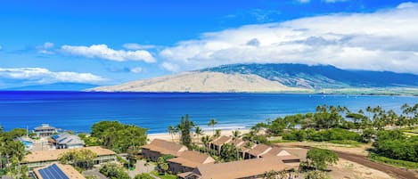 A coastal residential area with houses, solar panels, and a view of the ocean and mountains.