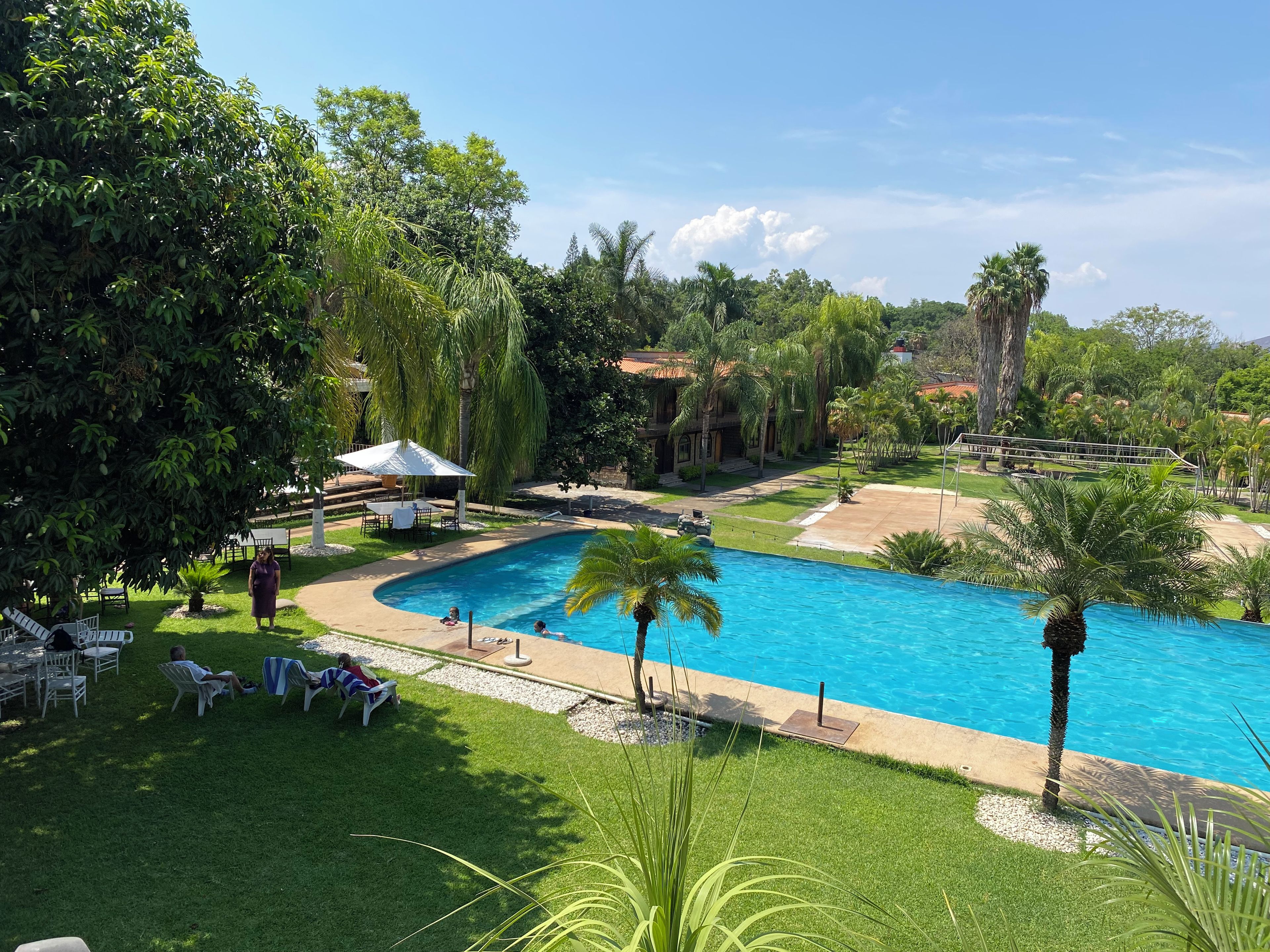 Ein Schwimmbad, umgeben von üppiger Vegetation und einer Terrasse mit Stühlen und Sonnenschirmen.