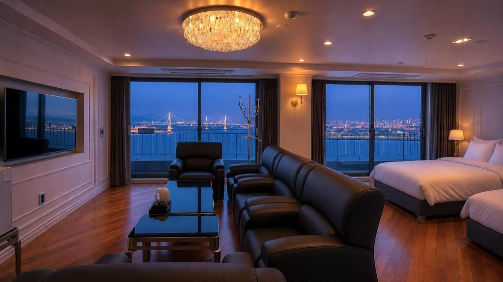 Habitación de hotel con una cama grande, un sofá, una mesita de centro y un televisor. Amplias ventanas ofrecen vistas a la ciudad.