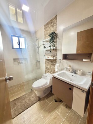 Un baño moderno con ducha, inodoro, lavabo y un espejo sobre el lavabo.