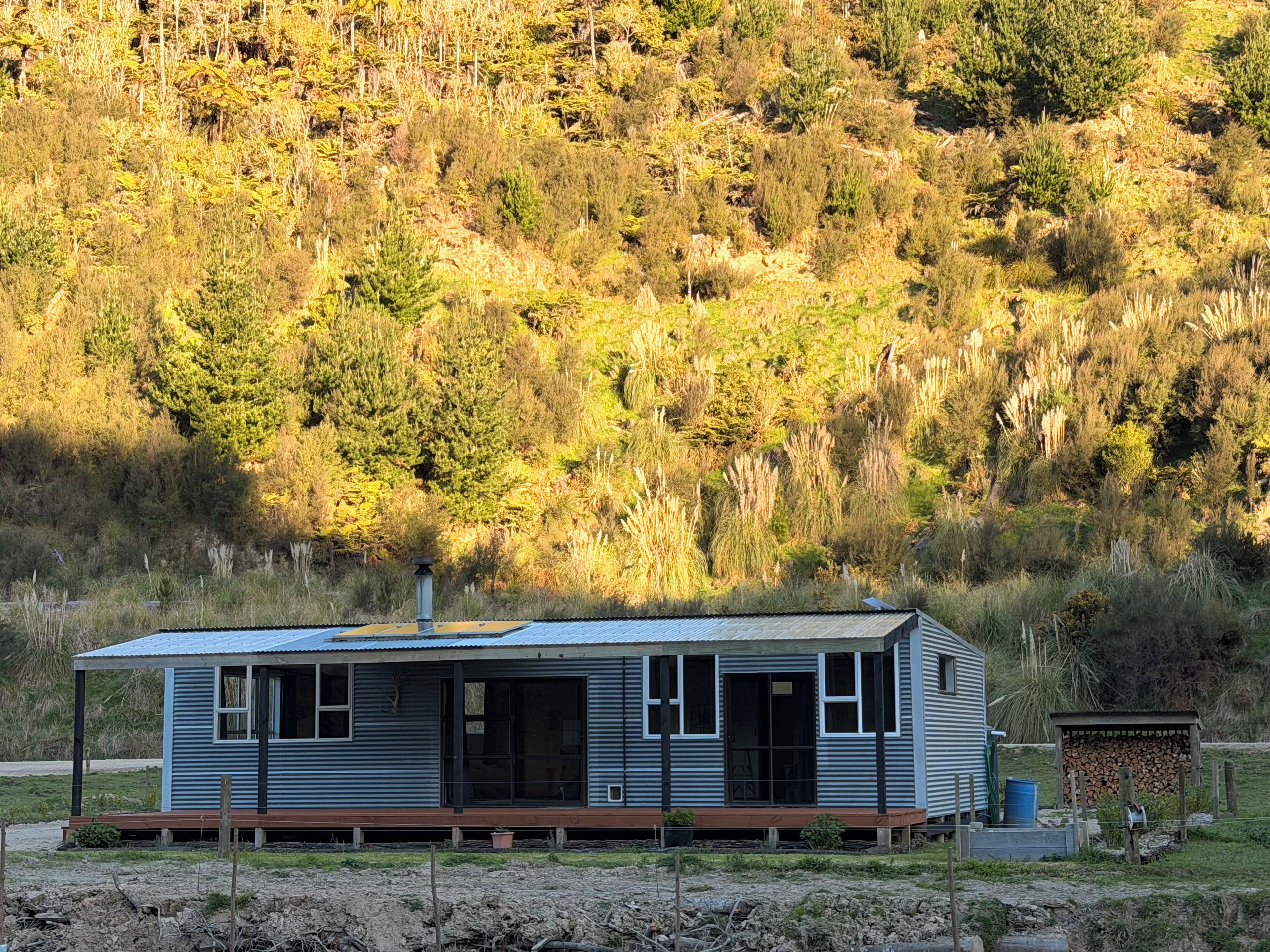 A single-story cabin with a metal roof, a porch, and a small shed in a rural setting.