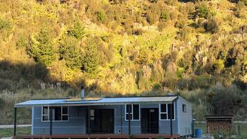 A single-story cabin with a metal roof, a porch, and a small shed in a rural setting.