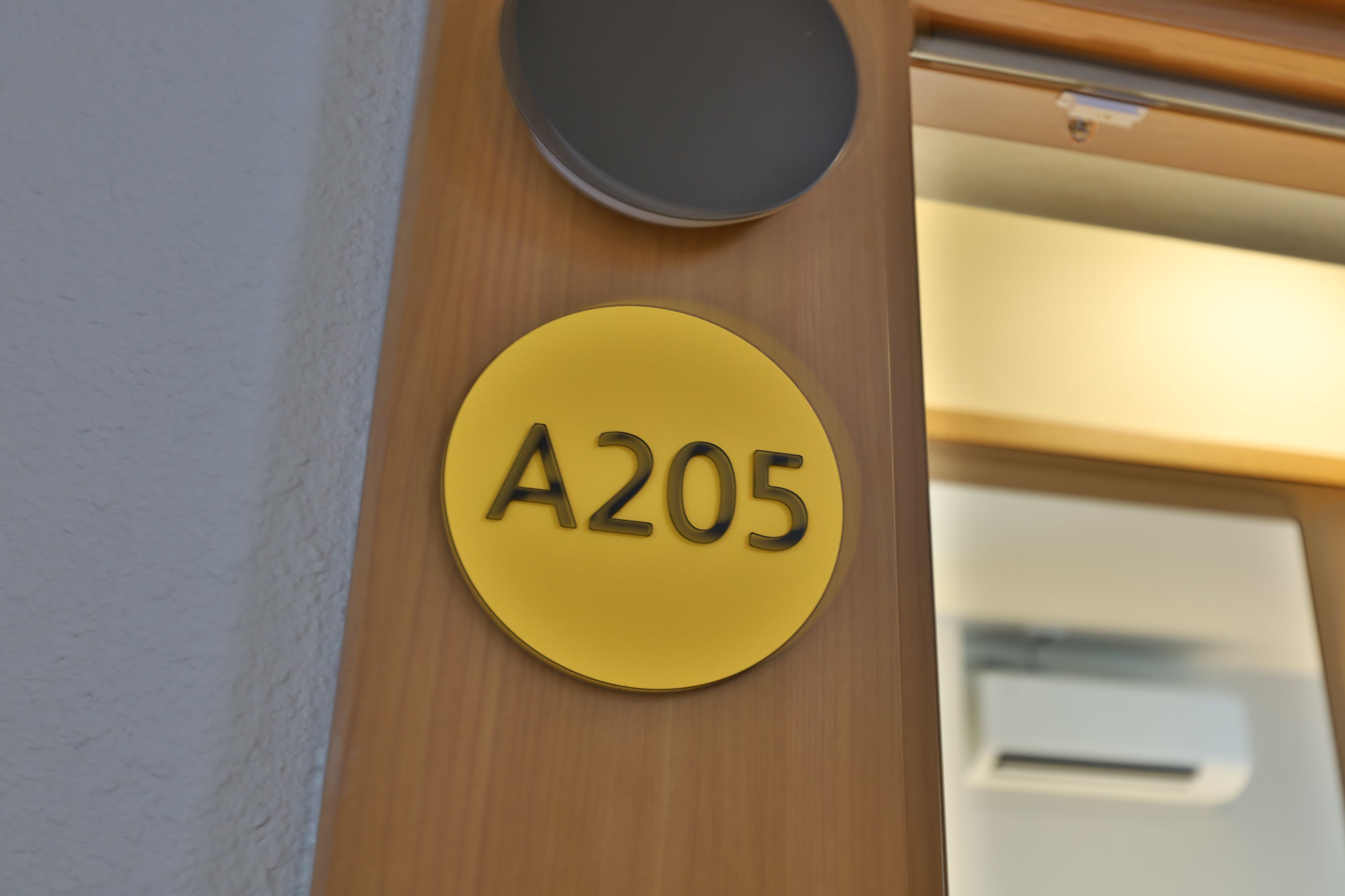 A yellow circular sign with the number 'A205' on a wooden surface.
