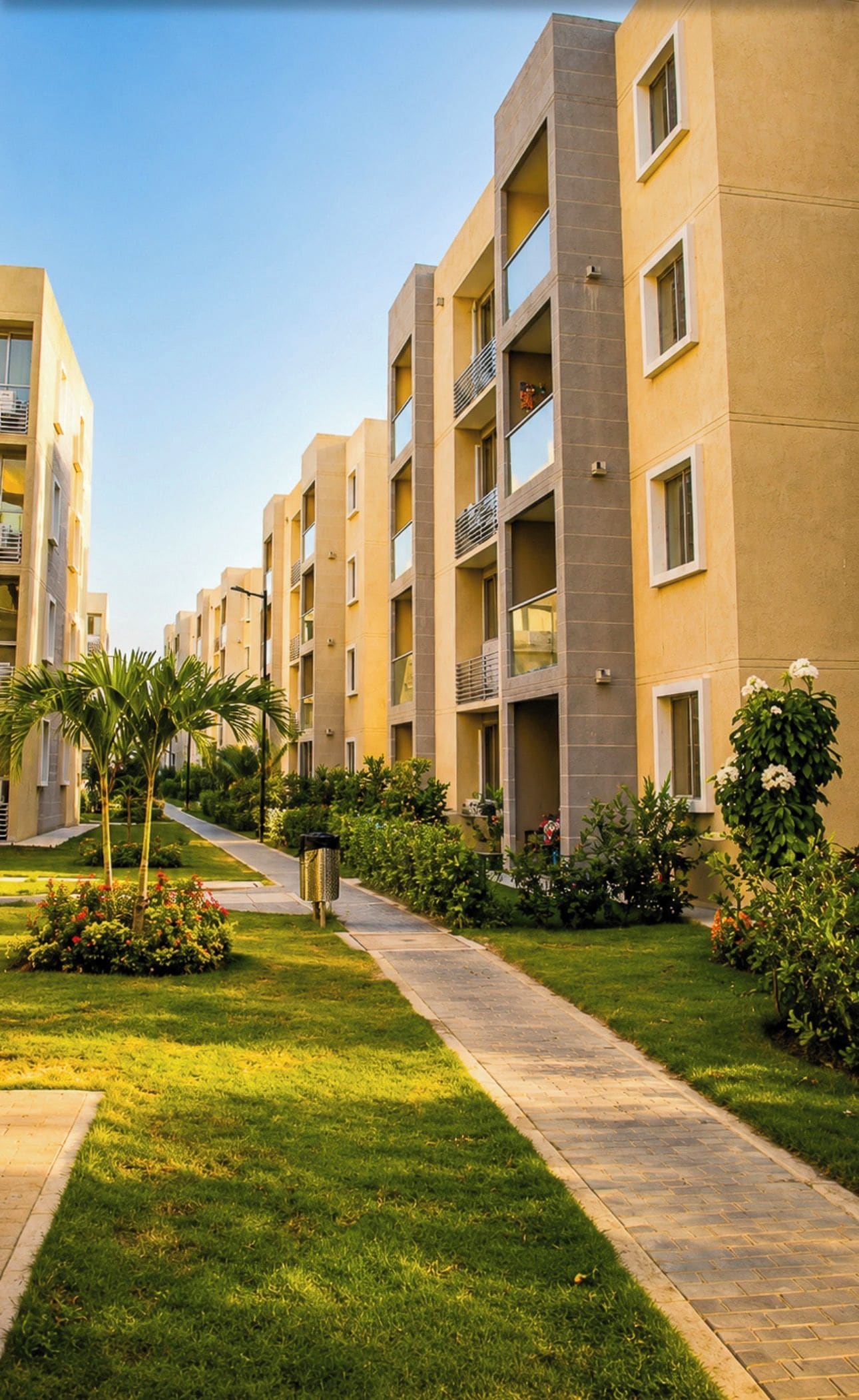 Un immeuble résidentiel doté de nombreux balcons, d’une allée pavée et d’un aménagement paysager bien entretenu.