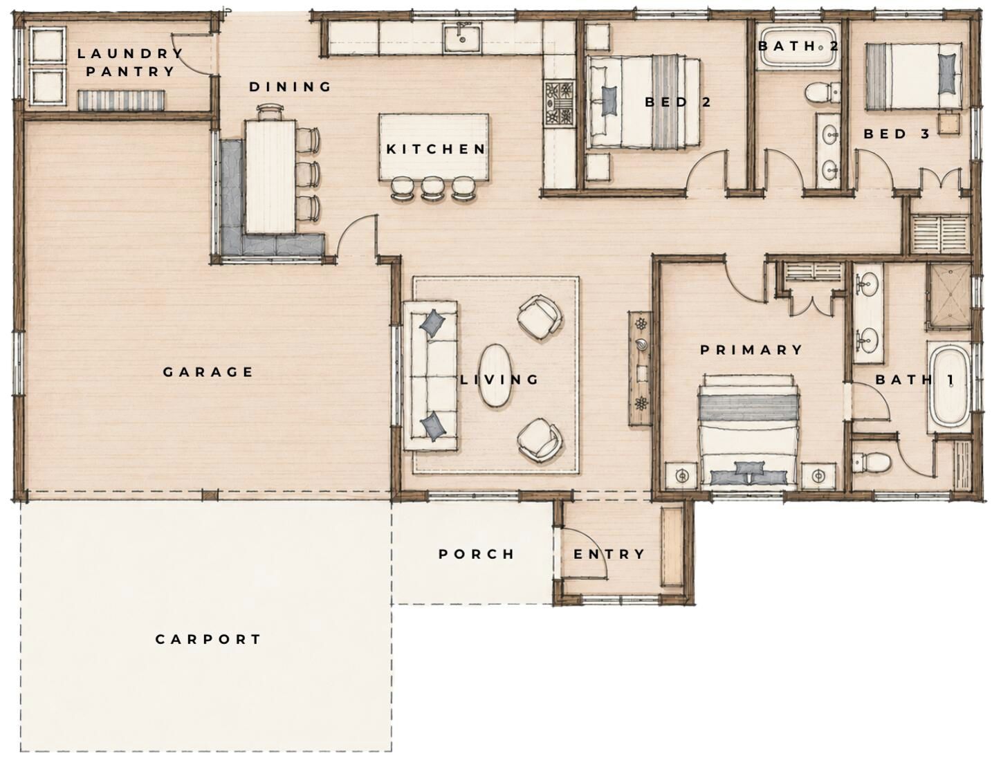 A floor plan with a garage, dining area, kitchen, three bedrooms, a living room, a bathroom, a primary bedroom, a porch, and an entryway.