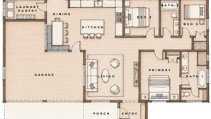 Piantina con garage, sala da pranzo, cucina, tre camere da letto, soggiorno, bagno, camera da letto principale, portico e ingresso.