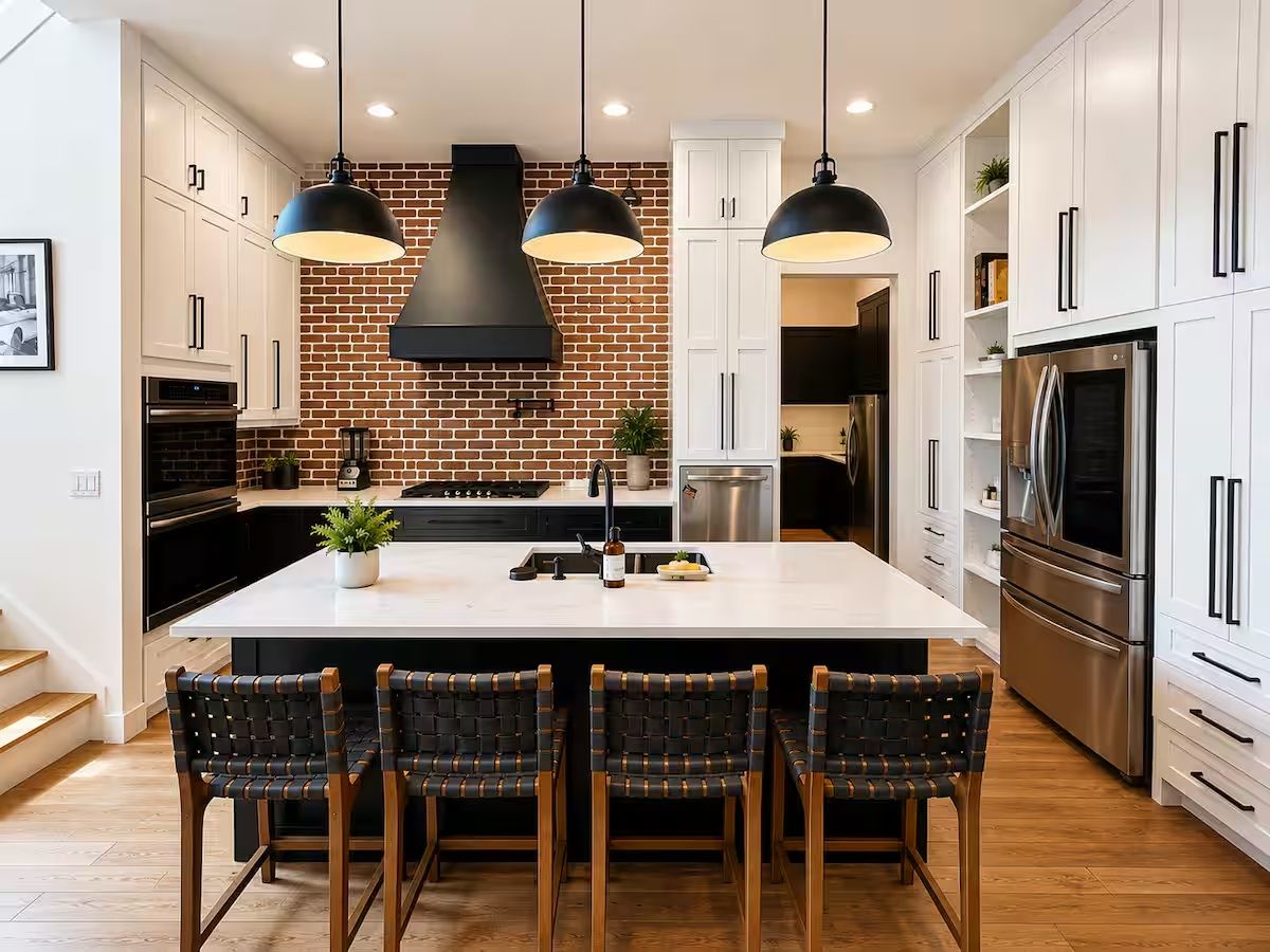 A modern kitchen with a central island, black pendant lights, and stainless steel appliances.