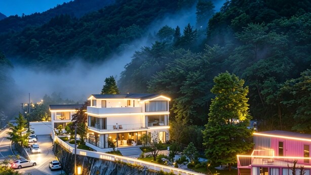 Uma casa moderna de dois andares com varanda, rodeada por árvores e com vista para uma montanha.