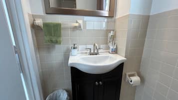 A bathroom with a white sink, a mirror, a towel rack with a green towel, a trash bin, and a toilet paper holder.